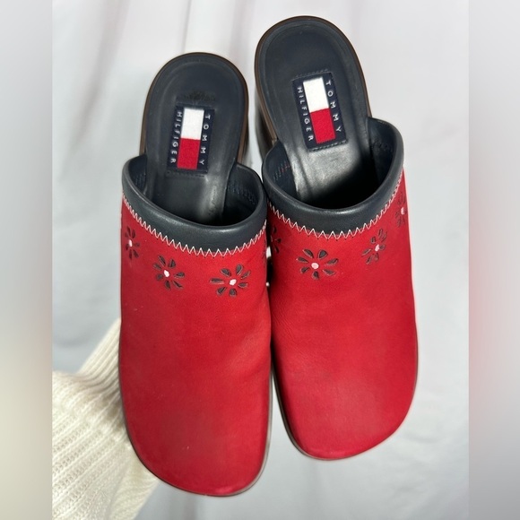 Y2K Tommy Hilfiger red suede wood clogs size 8.5 - Picture 4 of 15